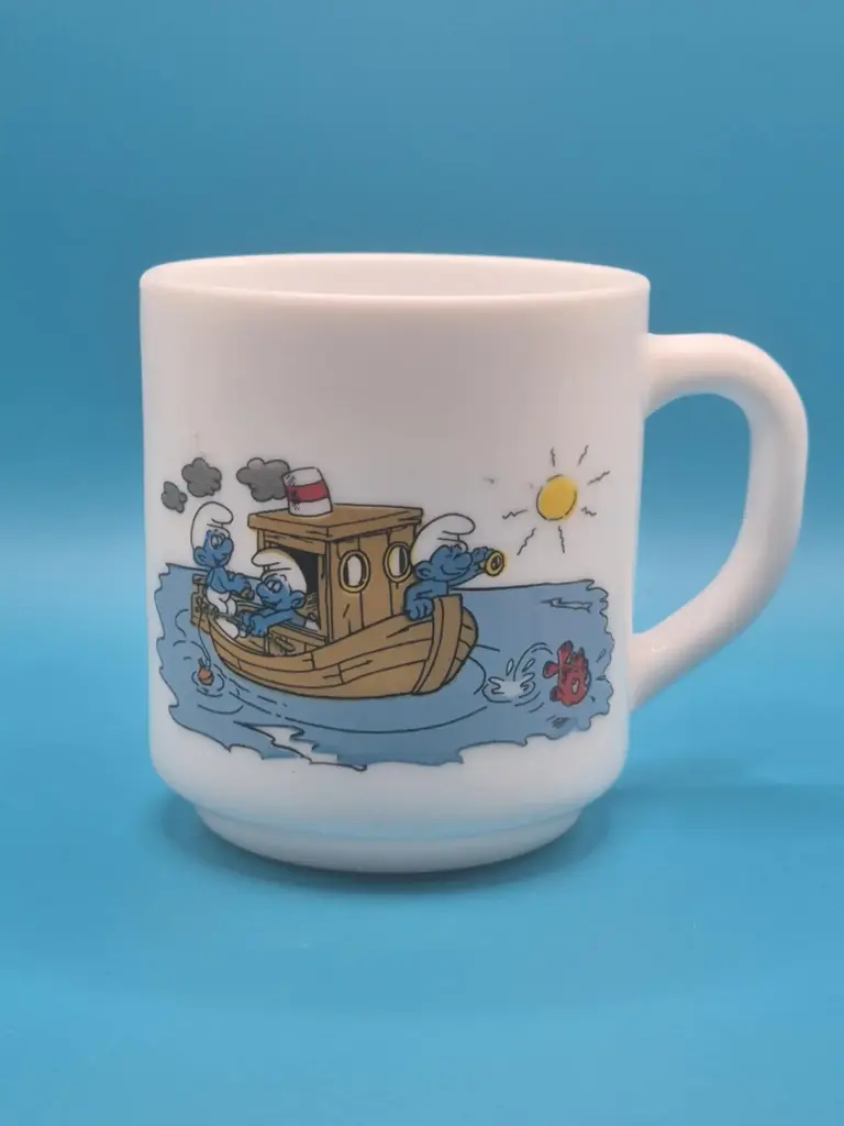 Tasse schtroumpfs Bénédictin 1985 - bébé prend son bain et balade en bateau