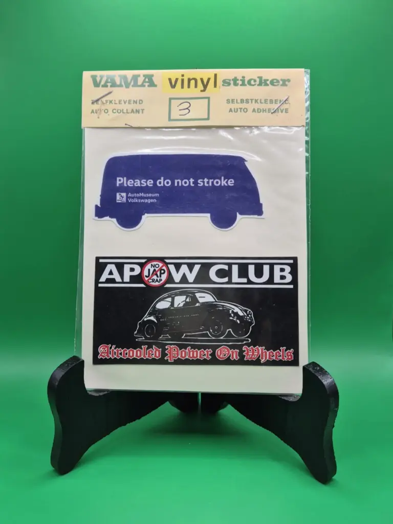 Lot de stickers vintage VAMA – AutoMuseum Volkswagen & APOW CLUB Aircooled (années 70, neufs sous blister)