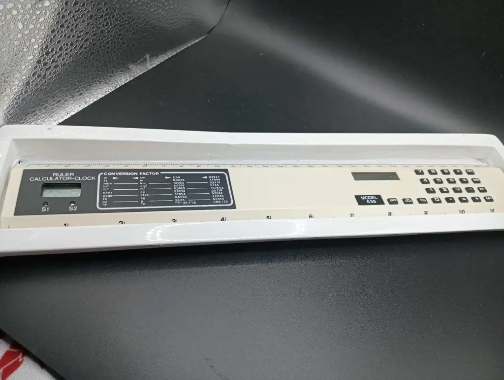 Ruler Calculator Clock – retro 3-in-1 tool, untested: ruler, calculator, and clock!