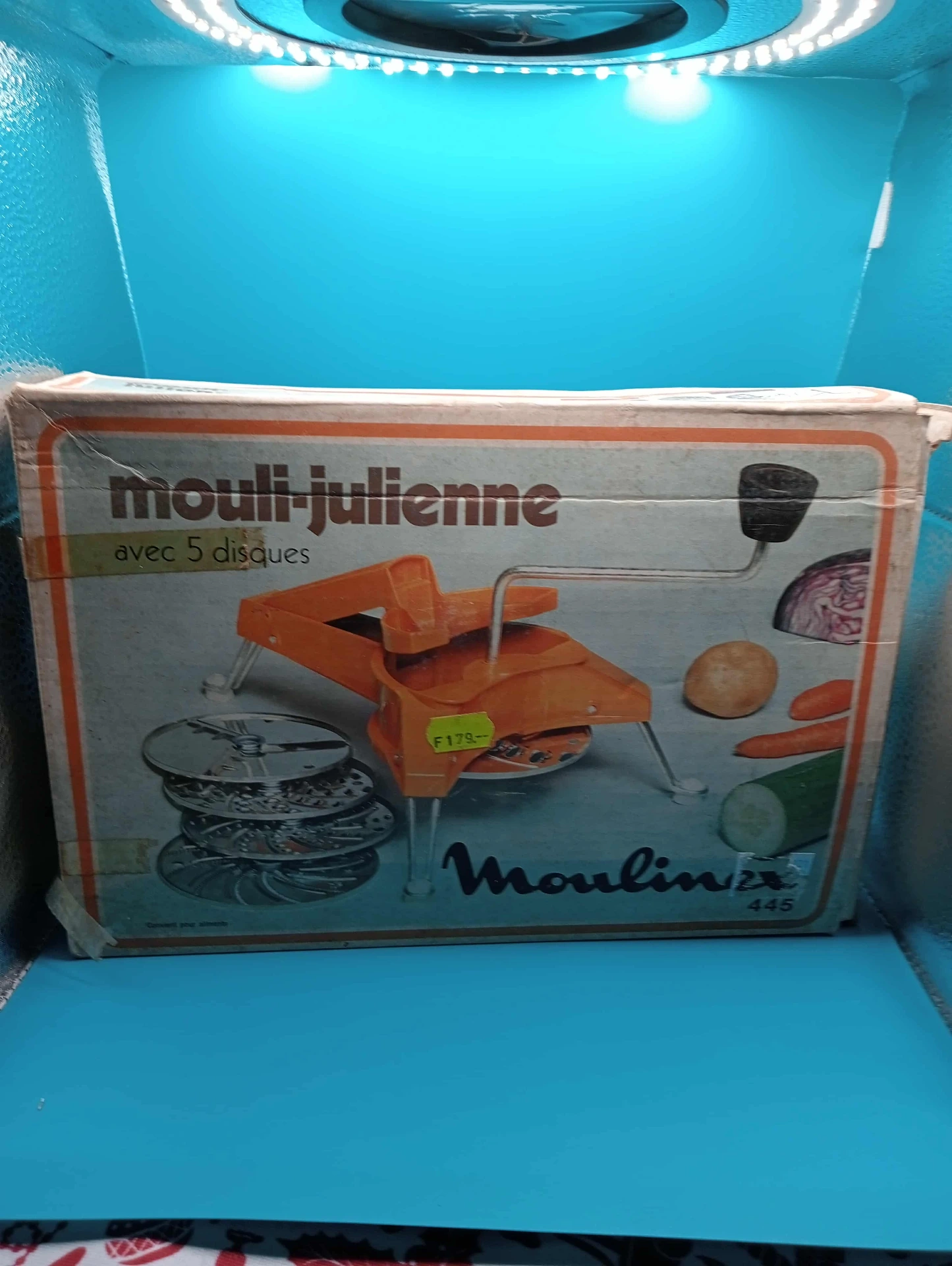Moulinex Mouli-Julienne 445 vintage con 5 discos – caja original desgastada