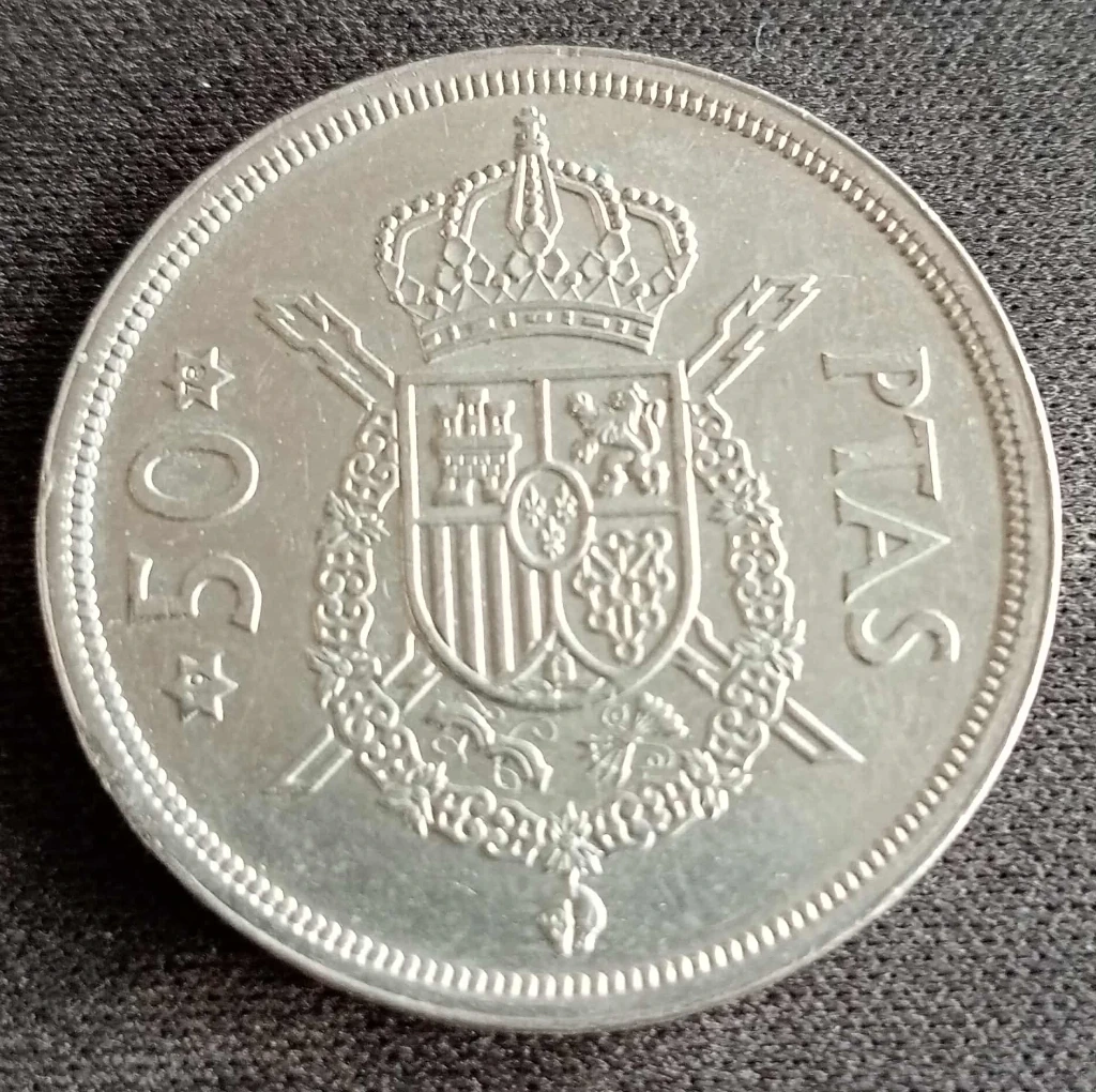 Moeda Espanha 50 pesetas 1975 – Juan Carlos I – cuproníquel transição