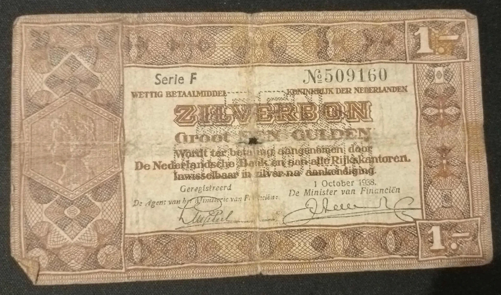 Zilverbon Países Baixos 1 gulden – 1938 – série F – nota estatal – brasão real