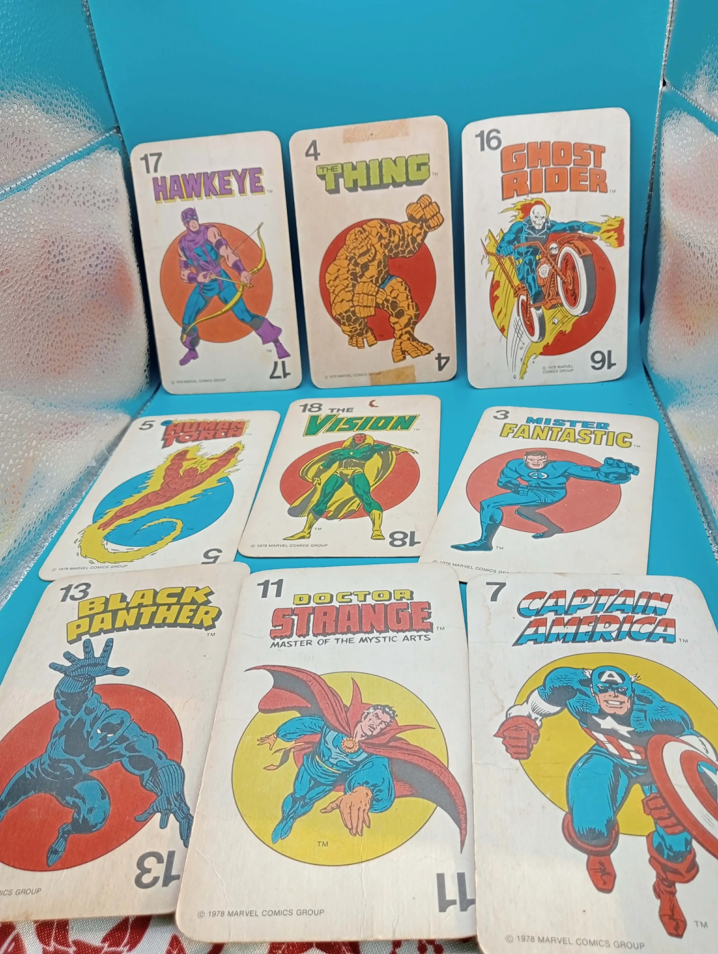 Set van 9 Marvel Superhelden-kaarten 1978 – Vintage verzamelobject