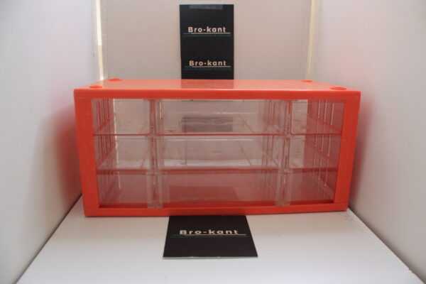 vintage, ancien casier de rangement orange 9 tiroirs made in denmark